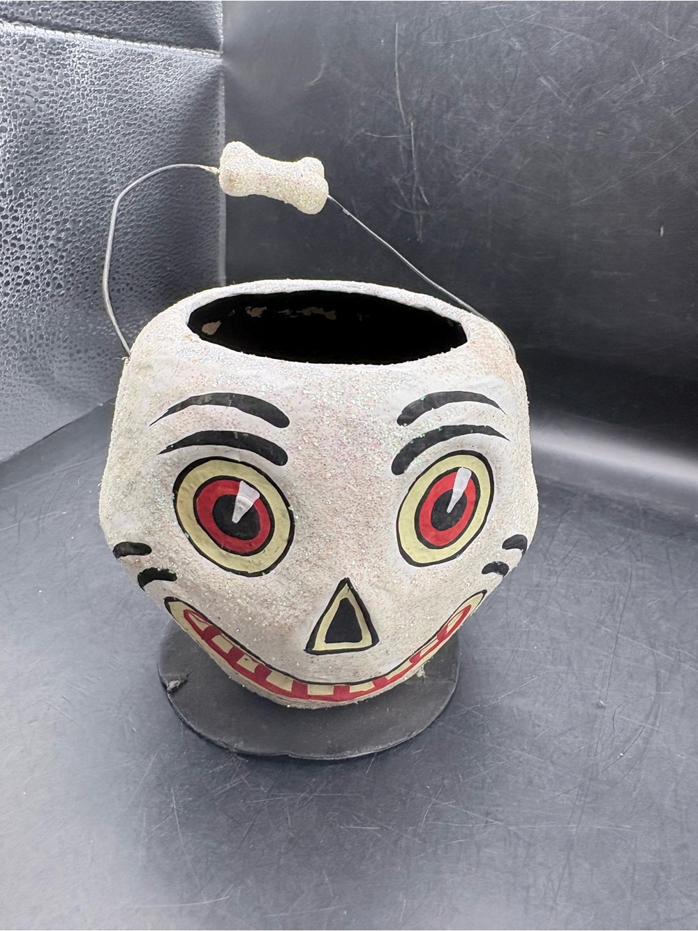 Vintage Style Halloween Skull Paper Mache Candy Bucket